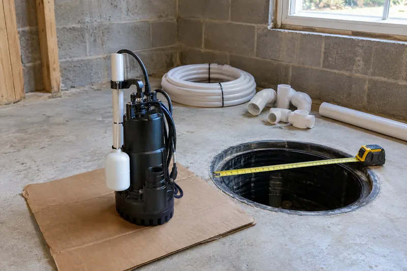 A new sump pump with a vertical float standing on cardboard beside an empty sump pit, a tape measure stretched across the pit and PVC fittings on the floor